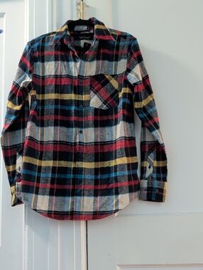Tailor Vintage Black & Cream Plaid Shirt with Red, Blue & Yellow Stripes